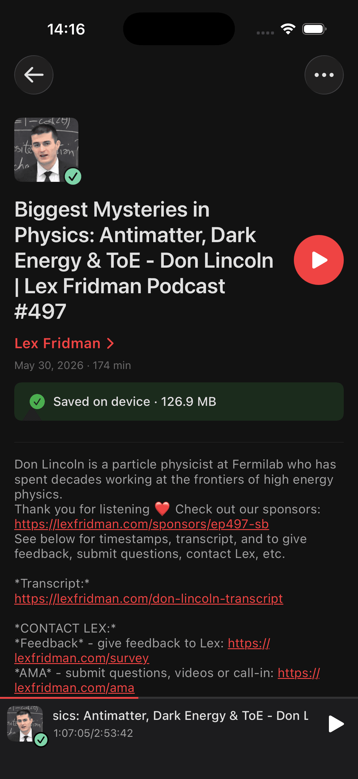 YouCaster episode detail with clickable chapter timestamps and a watch-on-YouTube link