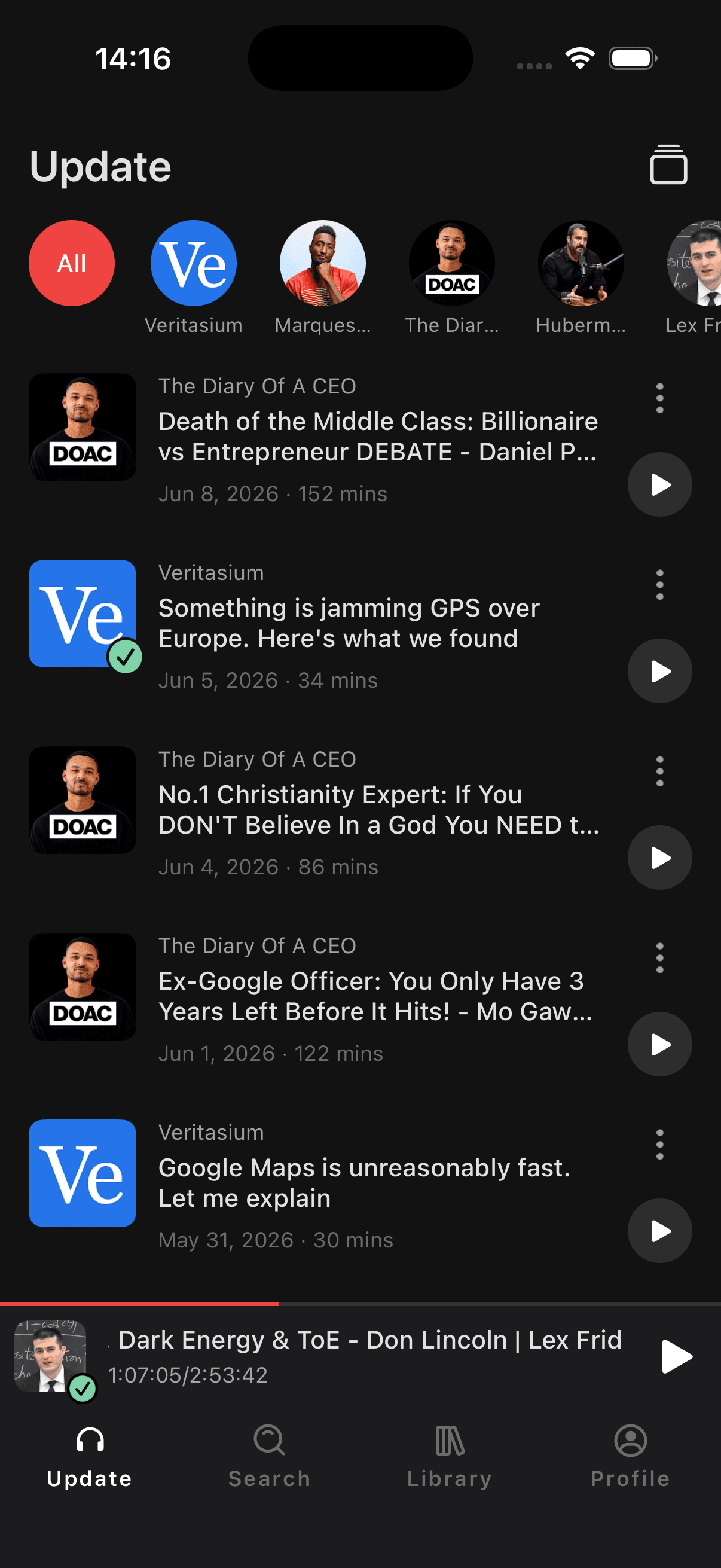 YouCaster Update feed listing the newest episodes from subscribed channels